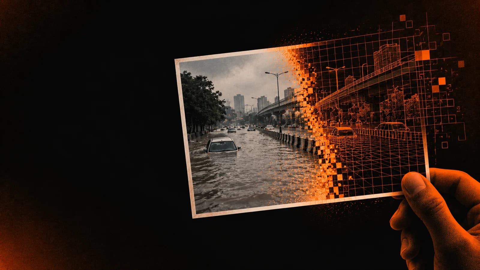 A photograph of a flooded street dissolving into the grid structure of a generated image