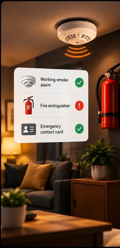 A living room with a smoke alarm on the ceiling and a fire extinguisher on the wall, beside a checklist marking the extinguisher as a gap