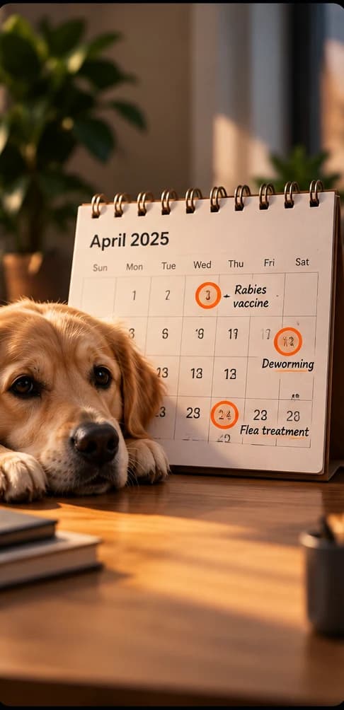 A dog resting beside a desk calendar with vaccine and treatment dates circled