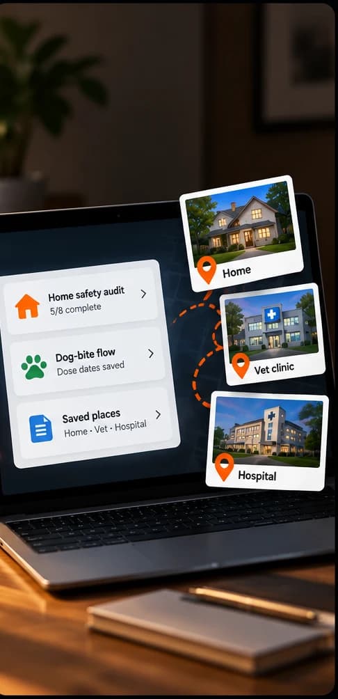 Saved places — home, vet clinic and hospital — pinned on a map