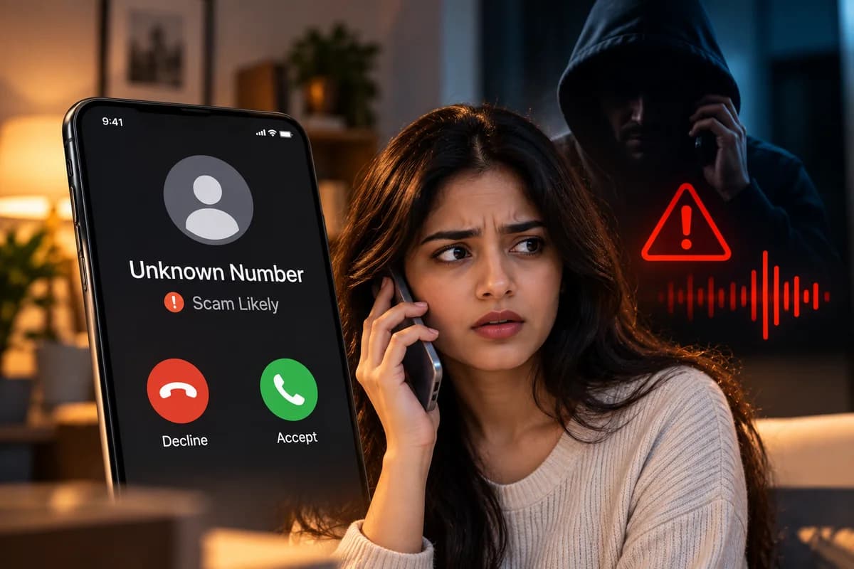 A worried woman answers a call from an unknown number marked 'scam likely', while a hooded figure speaks on a phone behind her